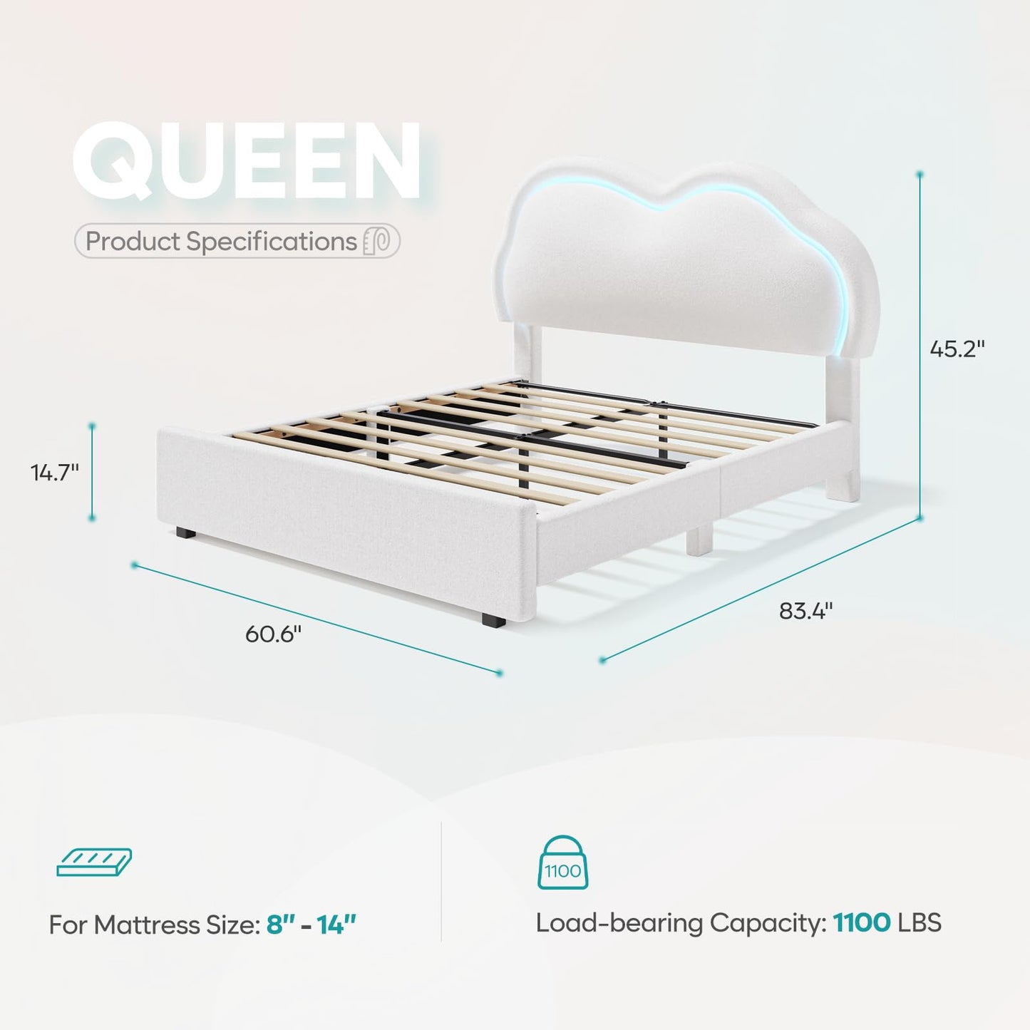 CIKUNASI Cloud Bed Frame Queen Size Platform Bed Frame with Headboard and LED Light for Girls/Kids Upholstered Queen Bedframe with Heavy Duty Wood Slat No Box Spring Needed