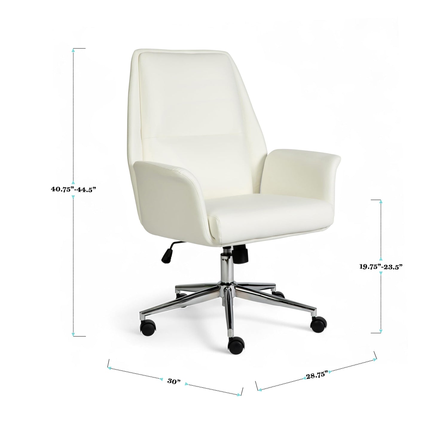 Martha Stewart Maxine Swivel Task Chair with Flared Armrests for Home Office in White Faux Leather with Polished Nickel Frame