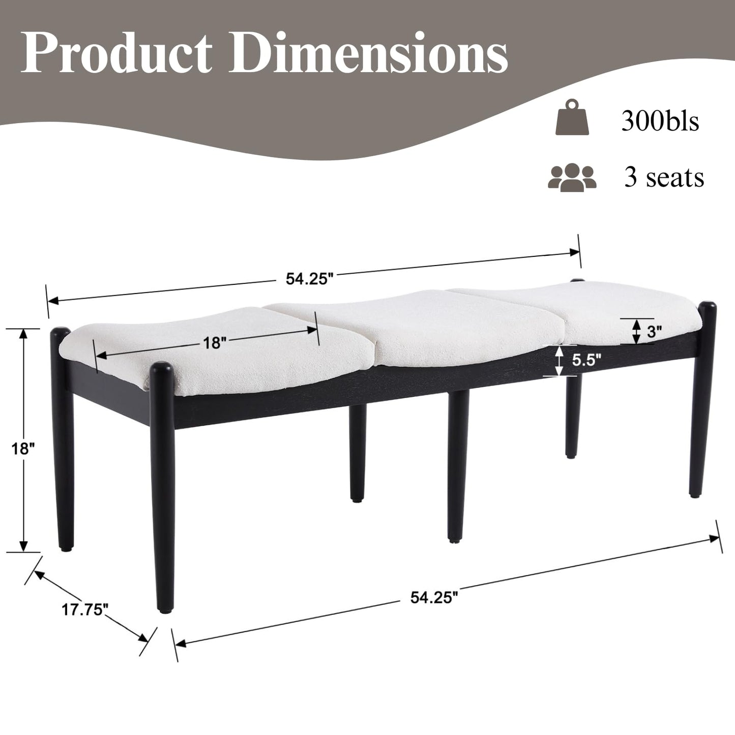 DUOMAY 55'' Modern Ottoman Bench, Chenille Upholstered Entryway Bench Bedroom Bench with Wood Legs, End of Bed Bench for Bedroom, Living Room, Corners, Kitchen, White