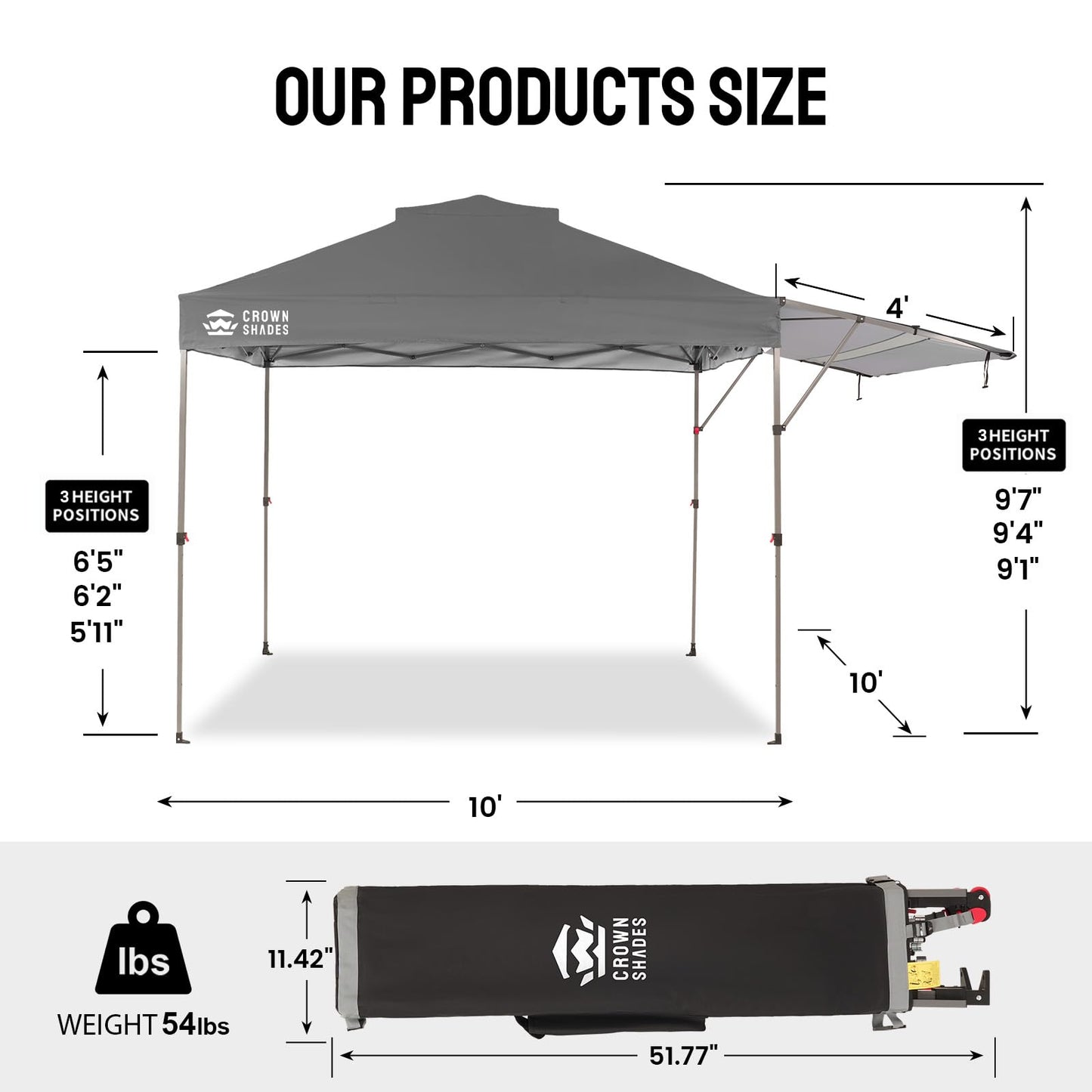 CROWN SHADES 10x10 Pop up Canopy Tent, Instant Commercial Canopy with Extend Awning, Patended Centerlock, 150D Silver Coated Fabric, 4 Ropes, 8 Stakes, 4 Weight Bags, STO 'N Go Bag, Grey