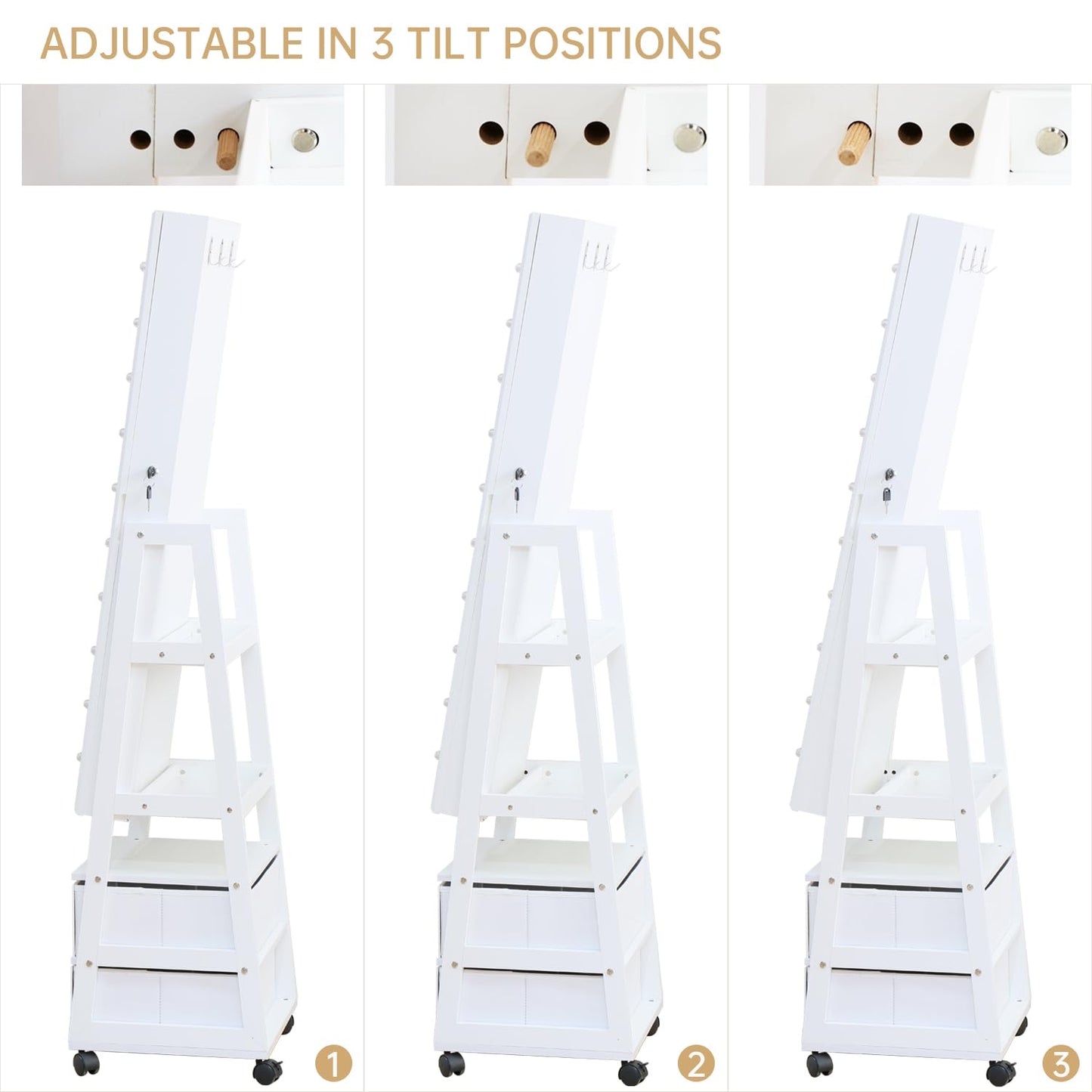 MASMIRE Jewelry Armoire Cabinet Organizer Standing with 20 LED Lights Lockable Full Length Mirror with Storage Shelves and 2 Drawers (White) Adjustable Tilt Angles Gift for Her
