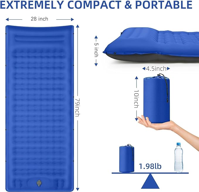 Camping Sleeping Pad, Extra Thick 5 Inch Camping Mat with Pillow, Built-in Foot Pump Inflatable Sleeping Pads Compact for Camping Backpacking Hiking Traveling Tent as Camping Essentials（Blue）
