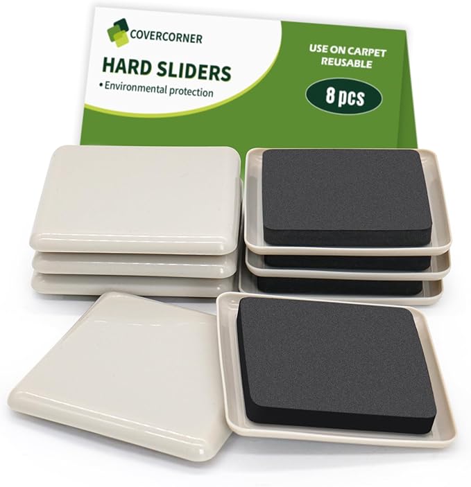 COVERCORNER Furniture Sliders for Carpet 8 PCS - 3 1/2 inch Furniture Moving Slider Chair Legs Floors Protectors Square Furniture Movers Sliders – Move Your Furniture Easy & Safely(for Carpet)