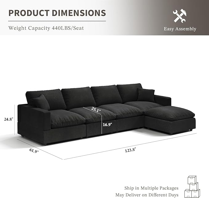 Cloud Couch Modular Sectional Sofa, 123.8" 5-Seater L Shaped Sectional Couches for Living Room, Convertible Cloud Sofa with Ottoman, Down Filled Wide & Deep Seat, Removable Washable Cushion Covers