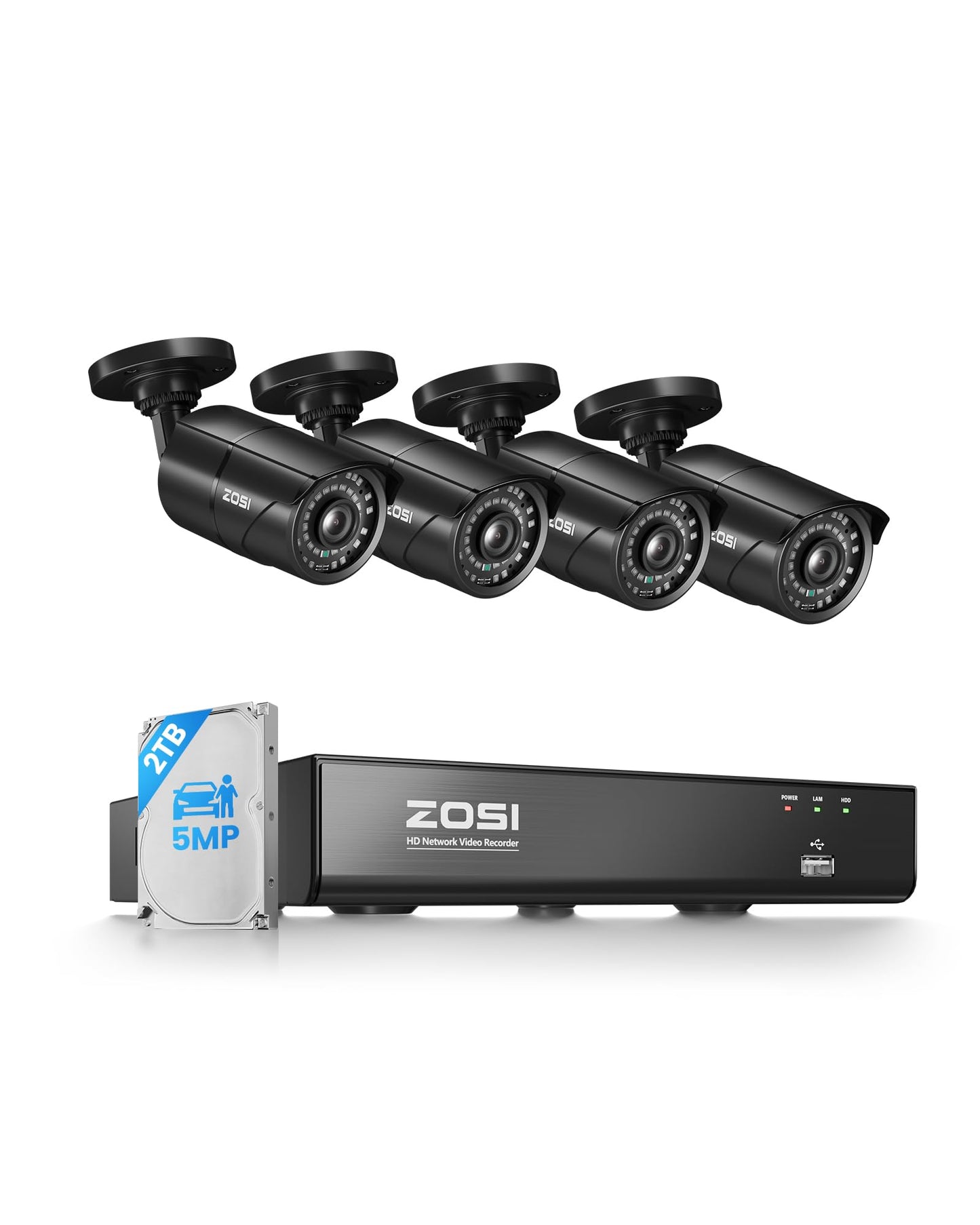 ZOSI 4K PoE Security Camera System, H.265+ 8CH NVR with 2TB HDD (16CH Expandable), 4 x 5MP 3K IP PoE Cameras Outdoor Indoor, AI Human Vehicle Detection, Remote Viewing, 24/7 Recording, IR Night Vision