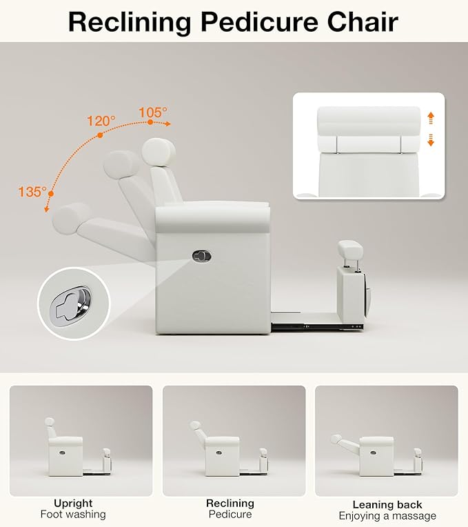 Icoget Professional Pedicure Chair No Plumbing, Reclining Pedicure Station Pipeless with Retractable Base and Adjustable Legrest Used in Salons, Home, Waterproof Foot Spa Chairs, White