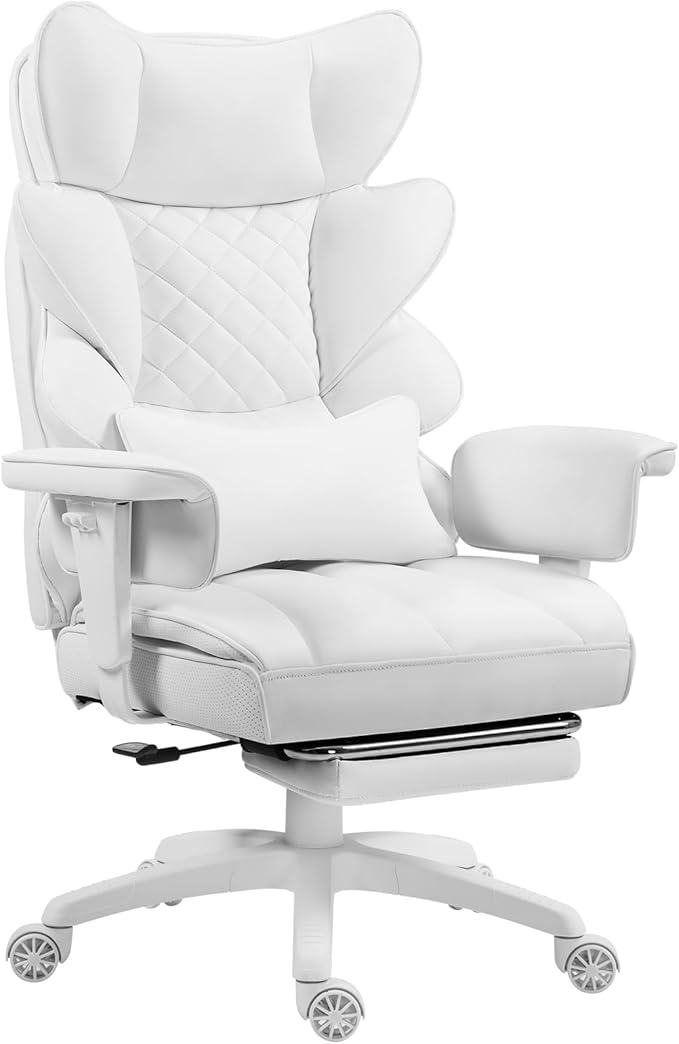 Dowinx Big and Tall Office Chair with Pocket Spring Cushion,High Back Computer Gaming Chairs with Adjustable Armrests and Lumbar Support,Executive Desk Chairs with Footrest(PU Leather,White)
