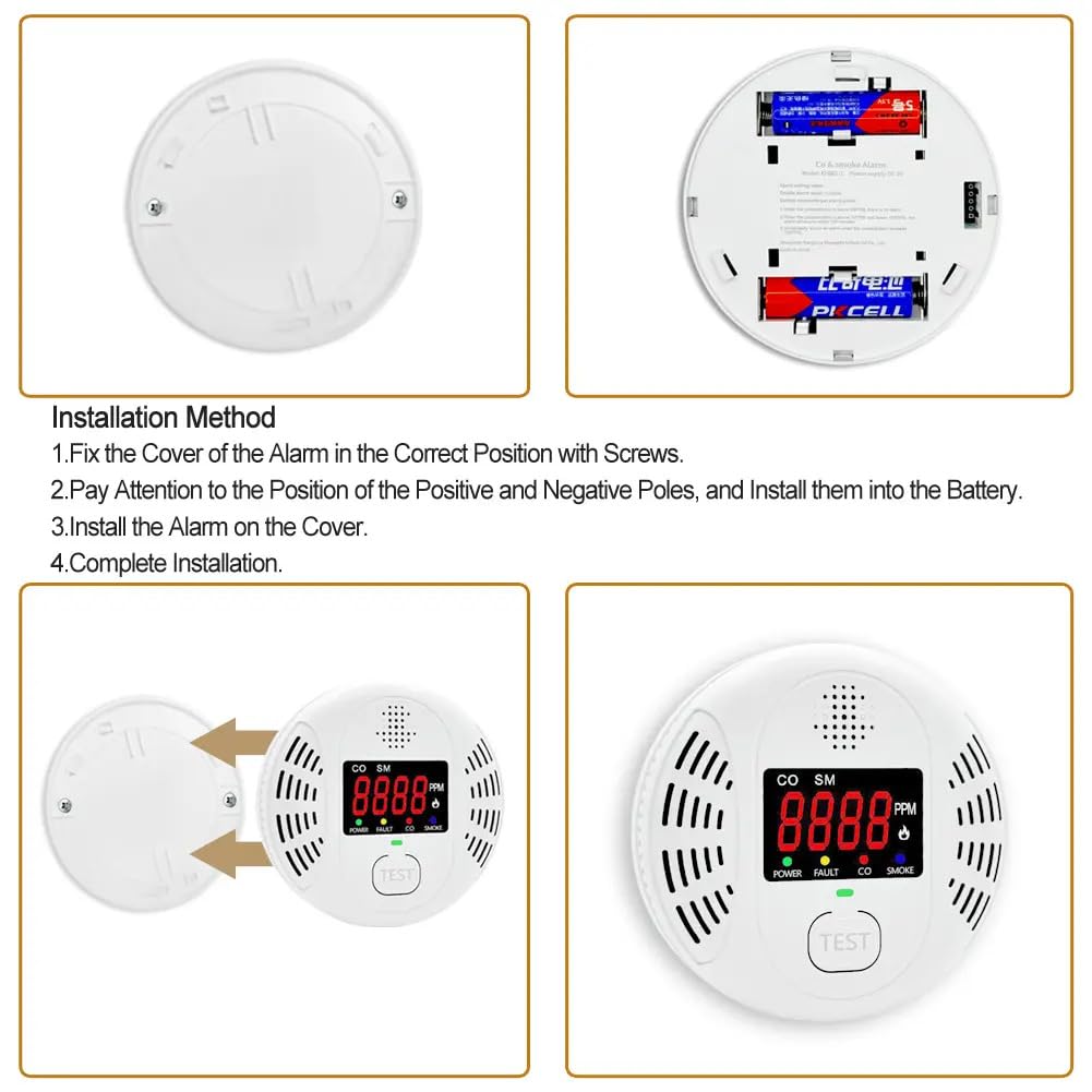 Carbon Monoxide Detector and Smoke Alarm Combined with AA Battery Powered high-Definition Color Screen Detector LCD Digital Display for Home Office Kitchen Hotel Bedroom Voice Alarm 2PACK