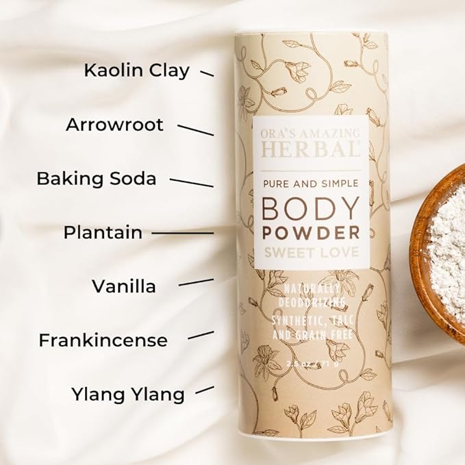 Ora's Amazing Herbal Body Powder for Women, Cornstarch and Talc Free, Bath and Dusting Powder, Amber Oil, Frankincense Essential Oil, Ylang-Ylang, Vanilla, Warm Scent, Sweet Love 2.5 oz