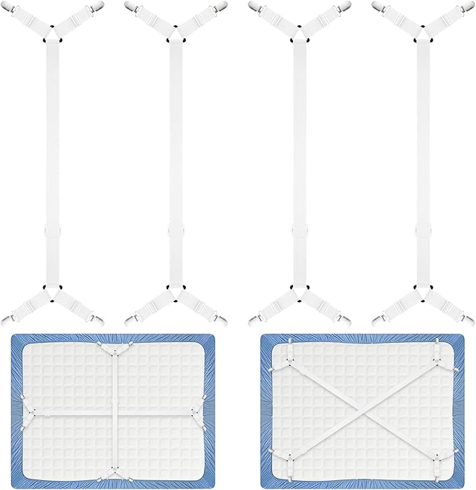 Morcheiong Bed Sheet Fasteners Straps - 4 Pack Adjustable Bed Sheet Holder Strap for Bedding Stays Bedsheet Tie Downs - White