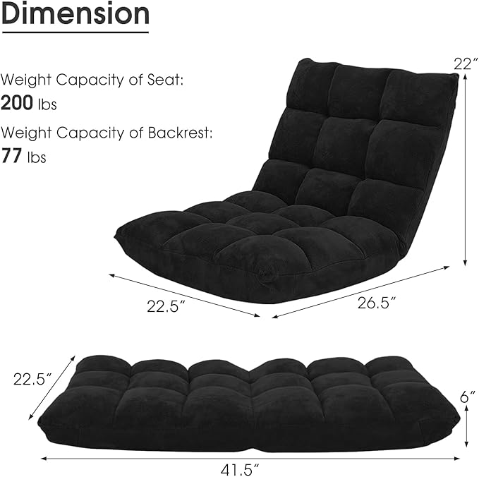 MAT EXPERT 14-Position Floor Chair, Floor Gaming Chair w/Soft Coral Fleece, Alloy Steel Frame, Padded Lazy Couch Recliner, Floor Chair with Back Support for Reading, Meditating, Playing Game (Black)