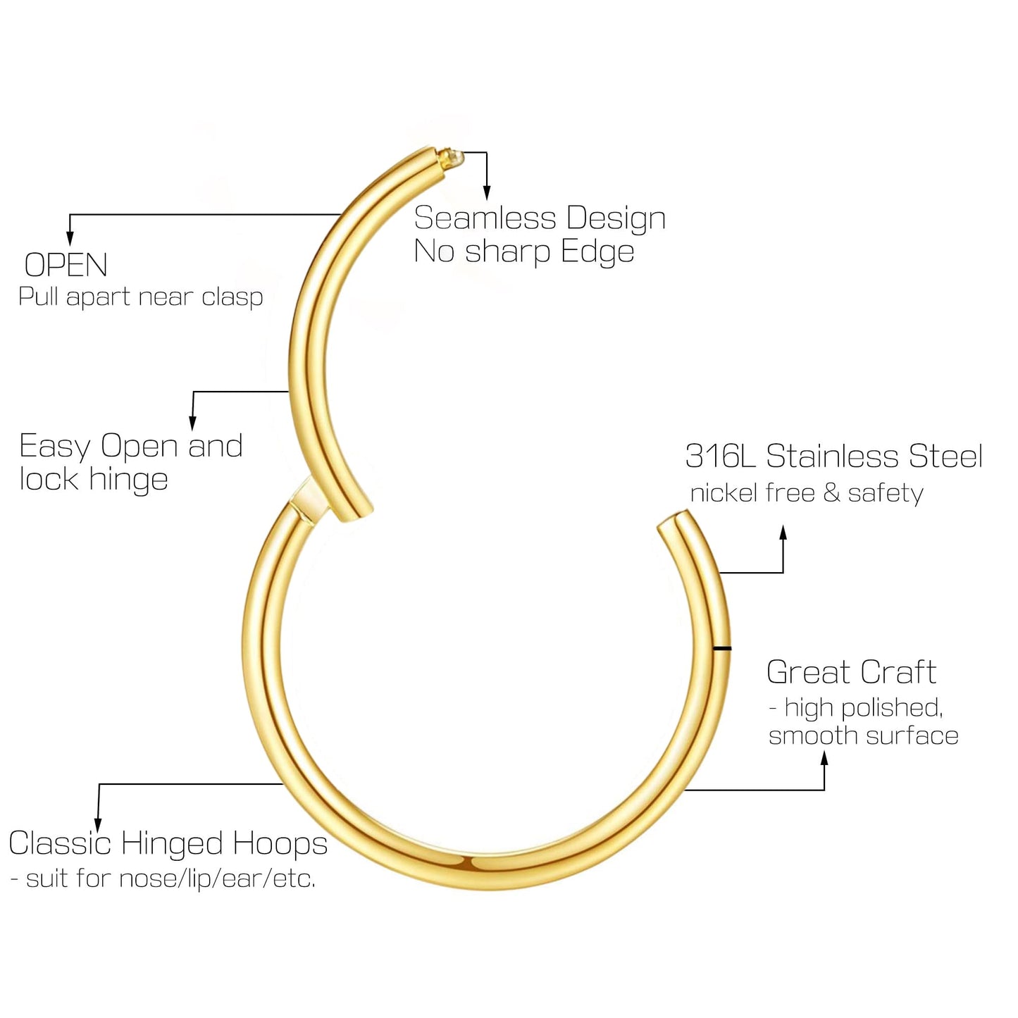Ldurian 316L Hypoallergenic Nose Ring Hoops - 20G 9mm Gold Plated 316L Surgical Steel Septum Cartilage Earring - Body Piercing L