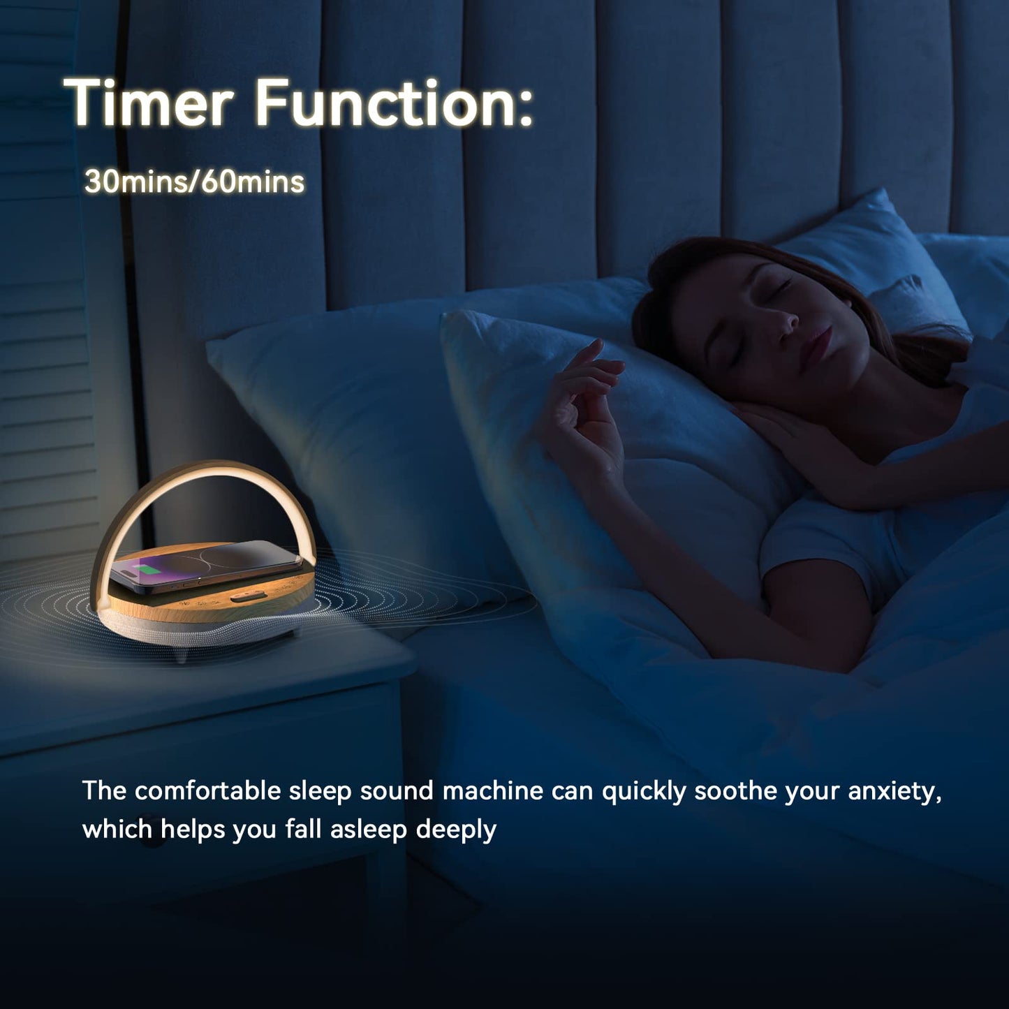 Bedside Table LED Night Light with Wireless Charger and Bluetooth Speaker, Desk Lamp As Sleep Aid White Noise Machine and Phone Holder, Great Birthday Gifts for Girlfriend, Women（Music Upgrade）