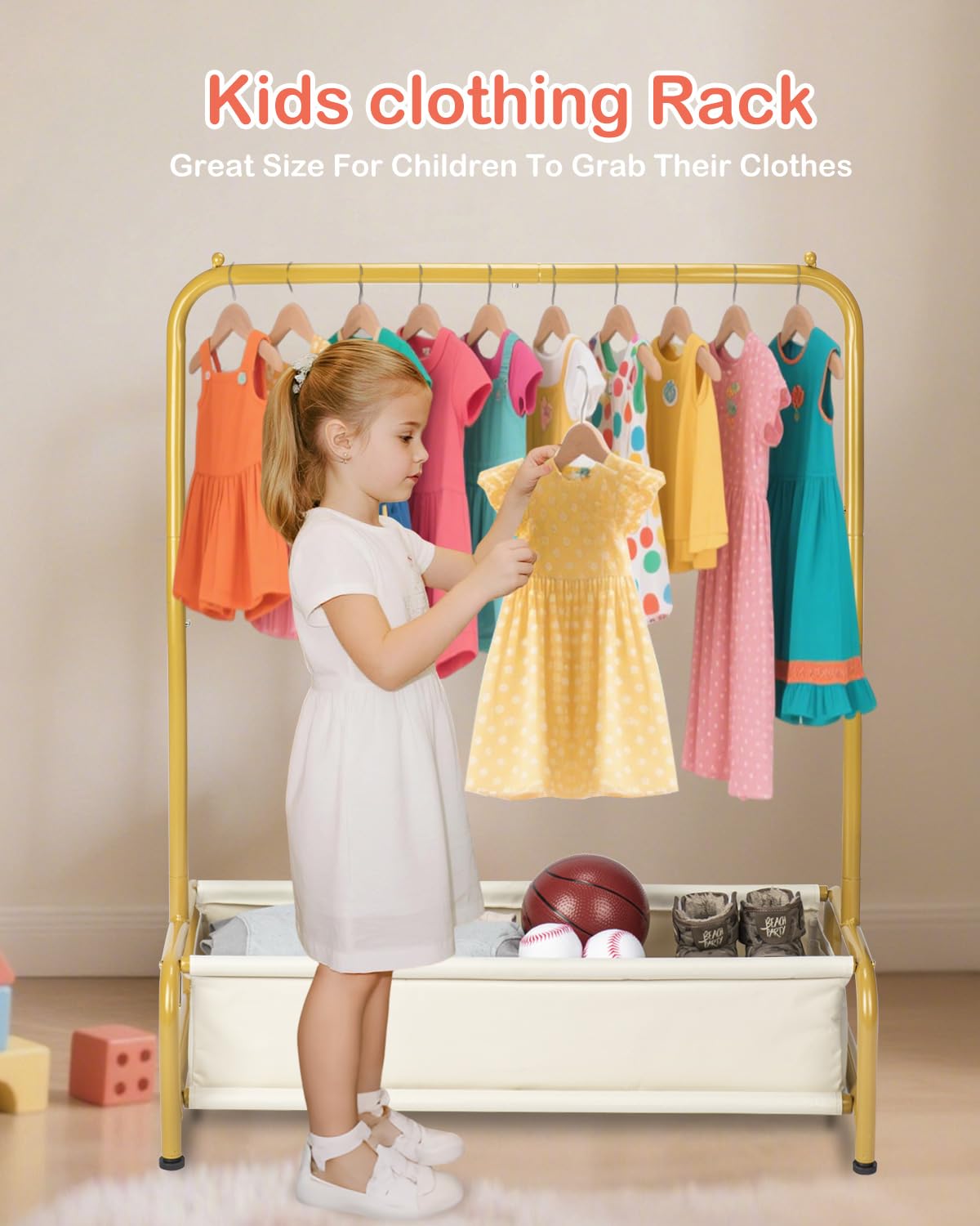 Atrastout Kids Clothing Rack-Portable Kids Clothing Rack with Storage Shelf - Toddler Garment Organizer for Baby Clothes, Dance Costumes, Girls Gift Ideas（Bright Gold）