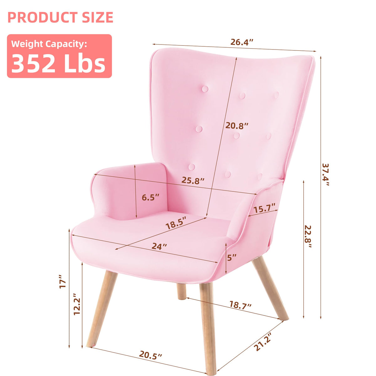 PrimeZone High Back Accent Chair - Large Mid-Century Modern Living Room Chair Reading Chair with Comfy Memory Foam Seat Cushion, Velvet Wingback Armchair for Bedroom, Corner, Pink