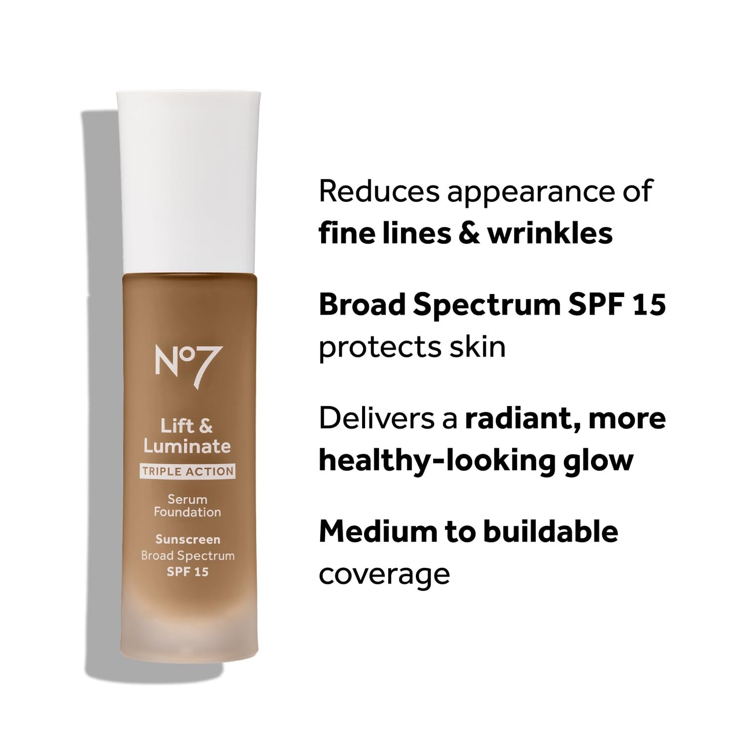 No7 Lift & Luminate Triple Action Serum Foundation - Liquid Makeup with SPF 15 for a Dewy, Glowy Base - Radiant Formula for Matu