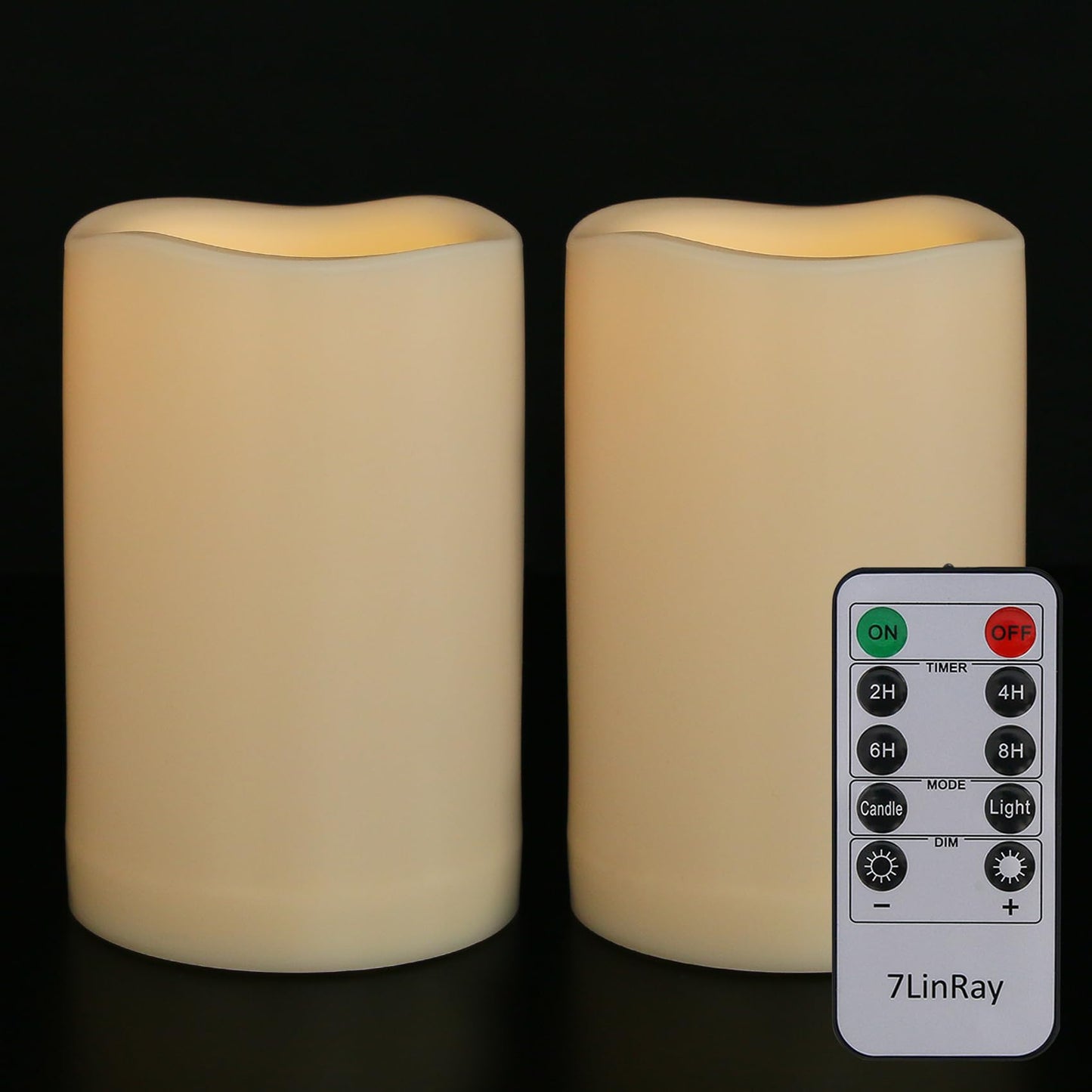 7LinRay 2 Pack 4" x 6" Waterproof Outdoor Flameless Candles with Remote and Timer, Battery Operated Flickering LED Flameless Pillar Candles for Lantern, Porch, Ivory, Plastic