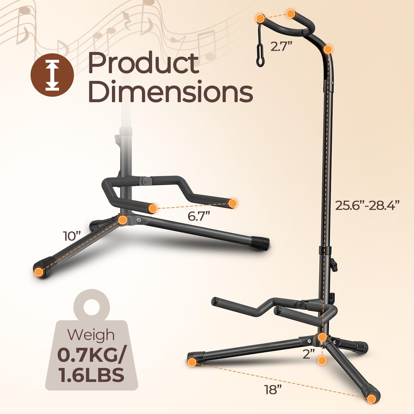 Gleam Guitar Stand - Adjustable Fit Electric, Classical Guitars And Bass, Load Capacity 20Lb, Accessories, Folding Type Black (C