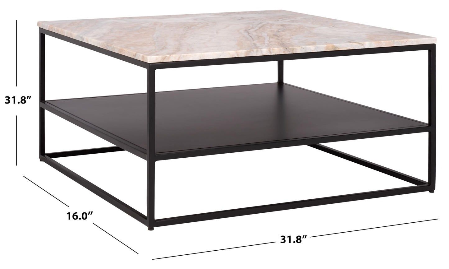SAFAVIEH Couture Collection - Macklyn Light Brown Marble & Black Metal Square Coffee Table, Open Storage Shelf, Fully Assembled (SFV5769A)