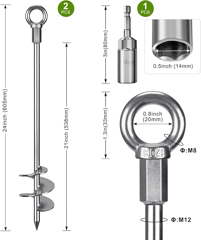 Insaga 24'' Fully Welded Ground Anchors Screw in, 3'' Wider Spiral Earth Anchor for Swing Set, 2pcs Mobile Home Anchors, Wind Resistant Trampoline Wind Anchors, Ground Anchors for Sheds