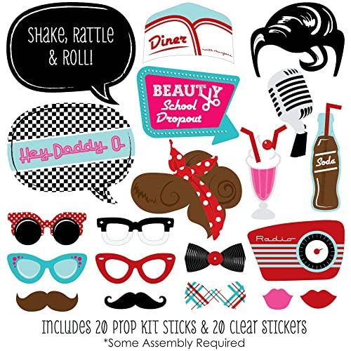 Big Dot of Happiness 1950s Sock Hop Photo Booth Props Kit, 20-Piece Retro Rock N Roll Party Accessories, 50s Vintage Style...