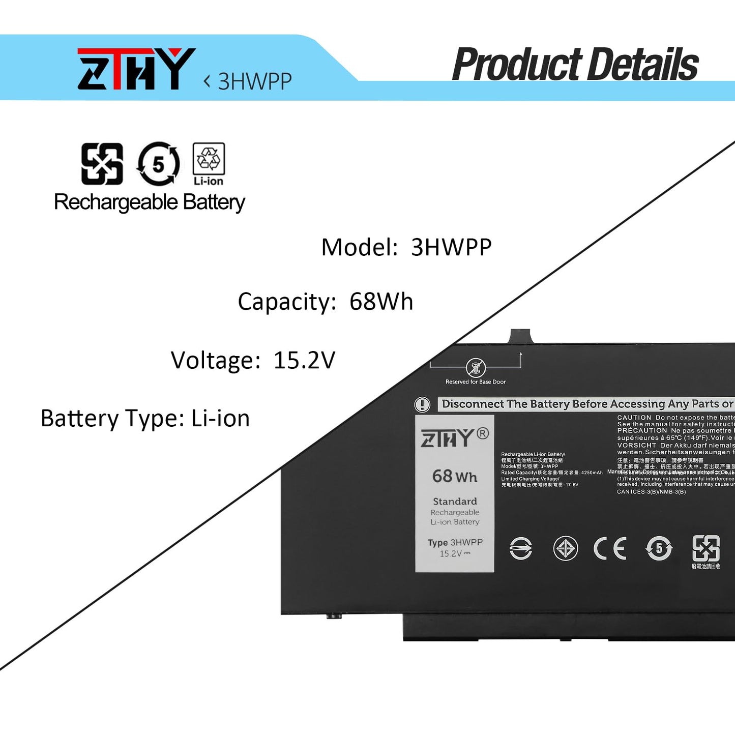 Zthy 68Wh 3Hwpp Battery Replacement For Dell Latitude 5401 5410 5411 5501 5510 5511 Precision 3541 3550 3551 Inspiron 7706 2-In-