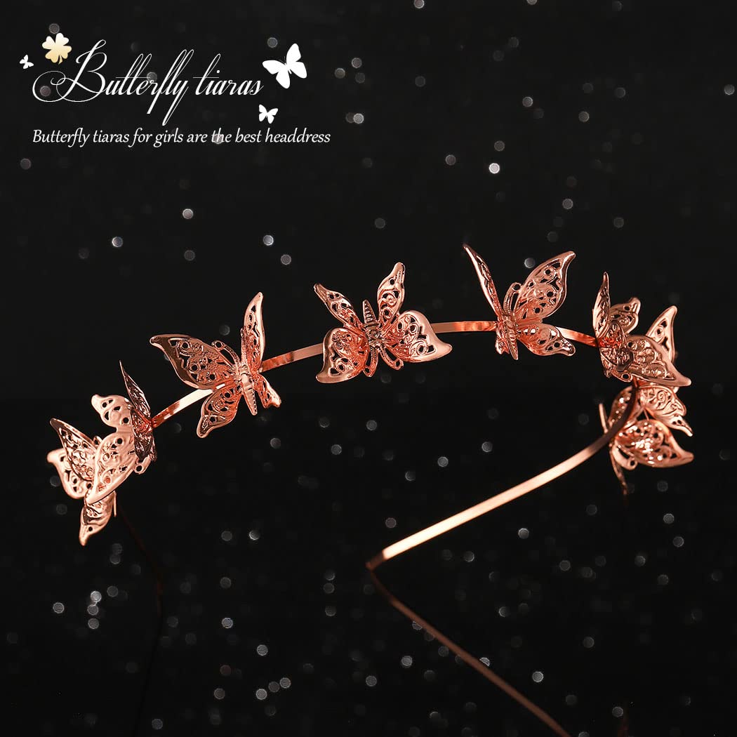 Kilshye Butterfly Gold Tiara Princess Crown Headband fairy Hair Band Wedding Costume Hair Accessories for Girls and Women (Rose
