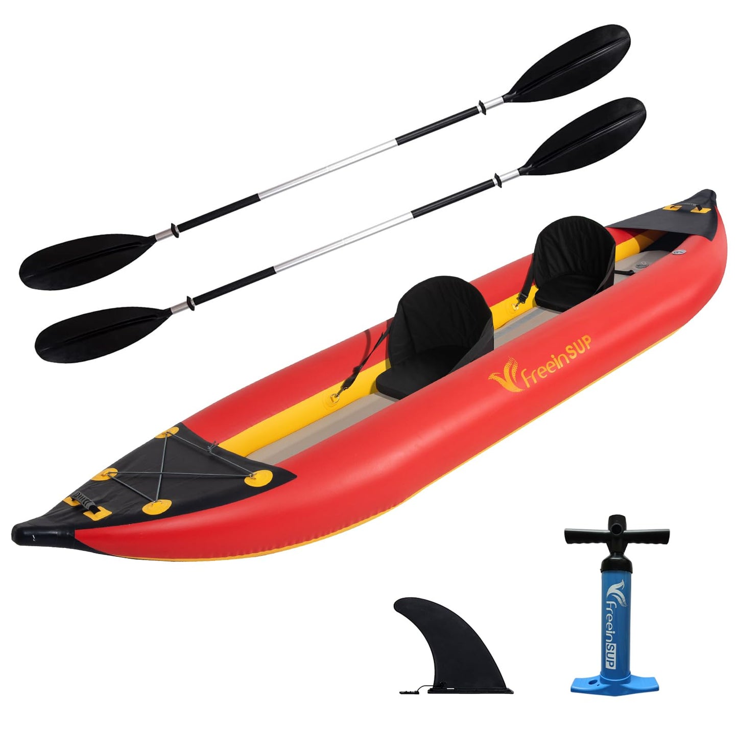 Freein 1-2 Person Professional Series Inflatable Kayak Set with Paddle, Seat, Fin, High-Output Air Pump, Carry Bag, 12'6" Emergency Sit-in Boat