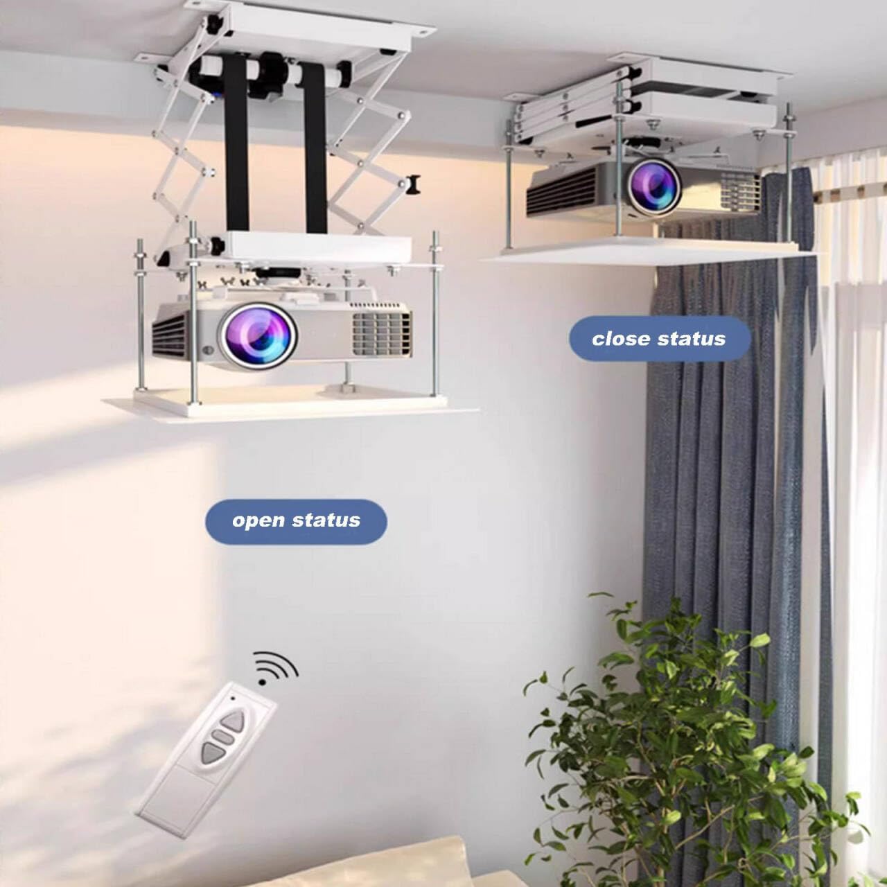 PreAsion Electric 110V Projector Mount Ceiling Hidden Projector Mount with Wireless Remote Control 22LB Max Load for Cinema Church Running Distance 59In