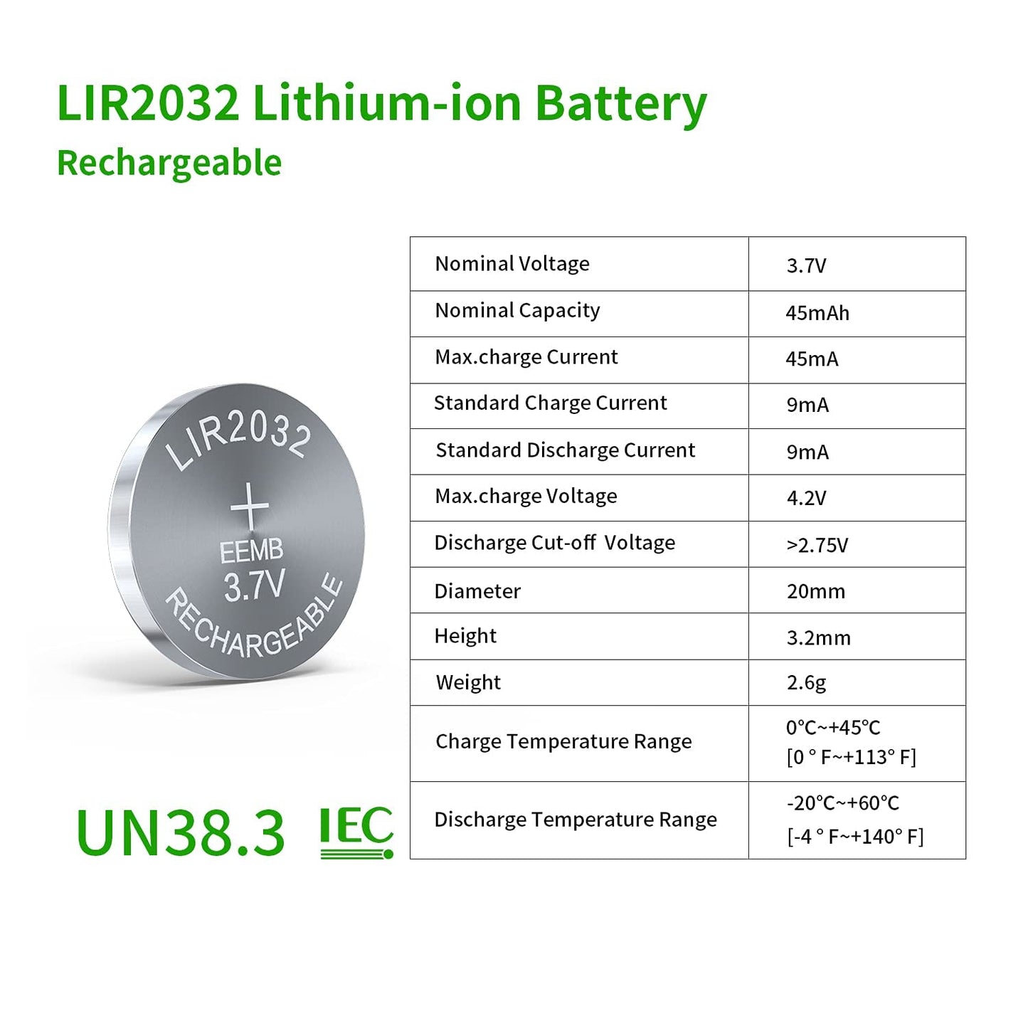 Eemb 2032 Rechargeable Batteries With Charger Lir2032 3.7V Lithium-Ion Coin Button Cell Batteries 45Mah Remote Key Fob Watch 4Pc