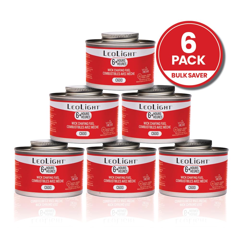 6 Pack Chafing Fuel 6 Hour Burn – Odorless, Smokeless & Spill-Proof Wick, 7.8oz Food Warmer Fuel for Chafing Dish Buffet Set & Catering Use, LeoLight