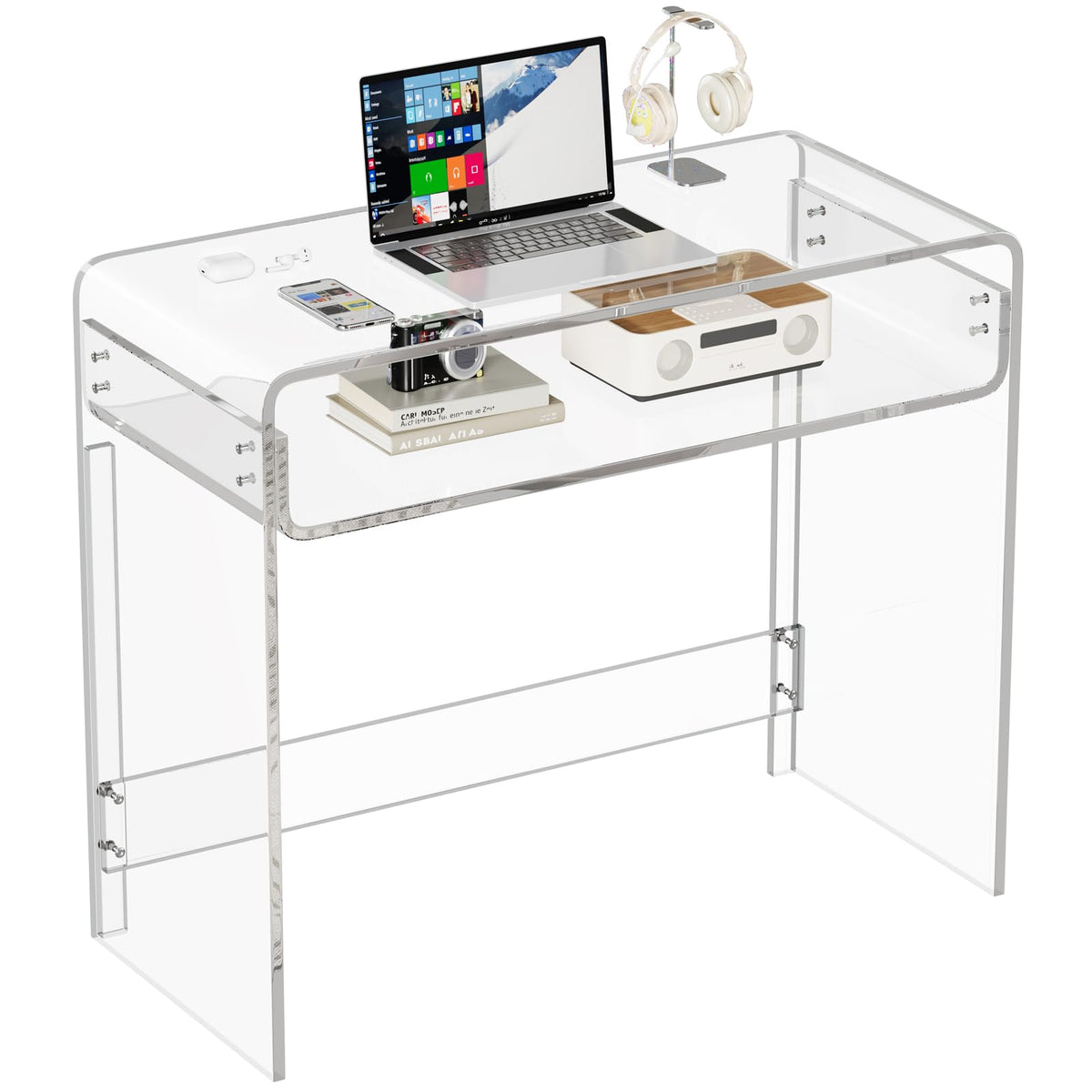 XOHYW Acrylic Office Desk, Modern Laptop Writing Study Table with Open Storage, Transparent Console Table Entryway Table, 33.5" L x 15.8" W x 29.5" H, for Home, Bedroom (Clear)