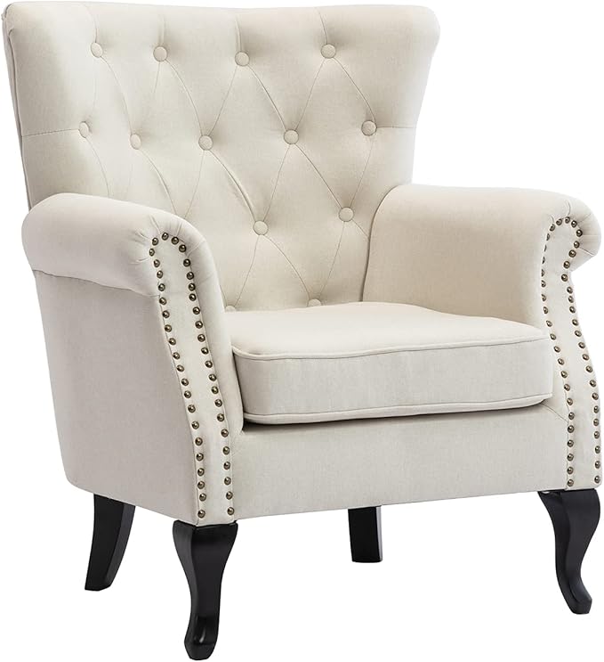 DM Furniture Mid Century Accent Chair for Living Room, Linen Fabric Button Tufted Armchair Wingback Club Chair, Modern Single Sofa Lounge Chair with Pillow for Reception/Bedroom, Beige