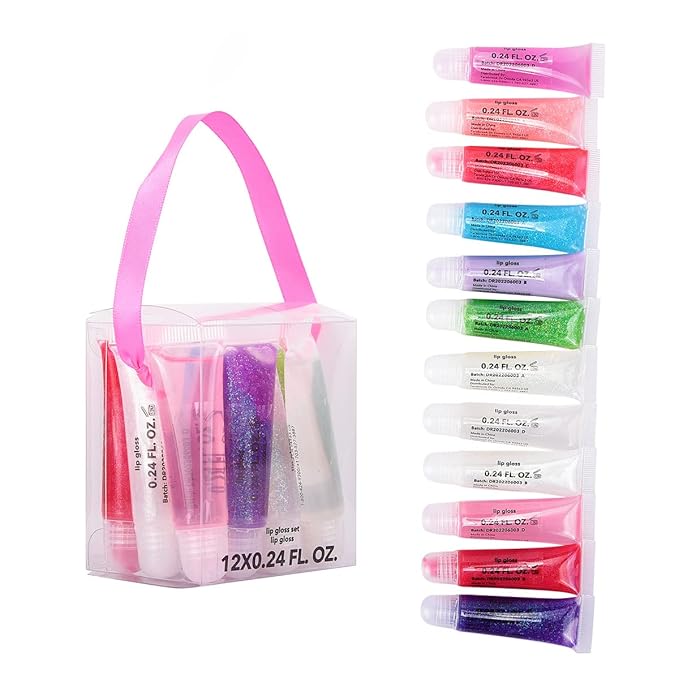 M&U Glitter Lip Gloss Set with Carrying Case, 12Pcs Assorted Flavors Moisturizing Shimmer Glossy Lip Party Favor Make-up f...