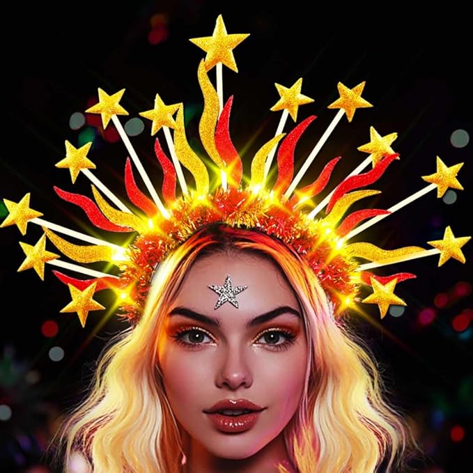 DRESBE Light Up Sun Goddess Headband New Year LED Star Crown Headbands NYE Glow Party Hair Accessories for Women