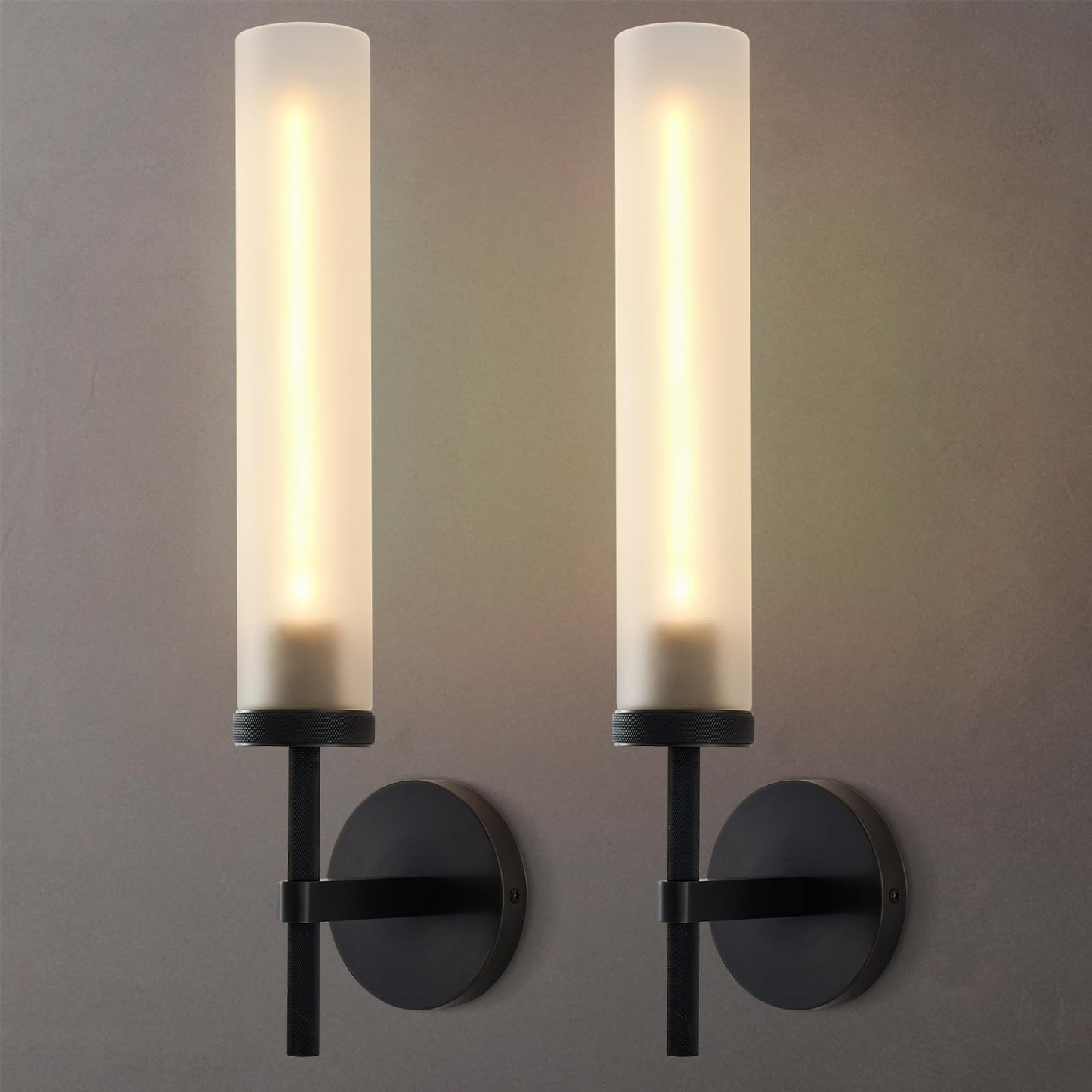 SYBDZSWJ Modern Hardwired Frosted Glass Bathroom Black Wall Sconces 2PC, Handmade Knurled Wall Light Fixture,Vanity Light for Living Room,Hallway, Bedroom, 20" Indoor Wall Lamp, Bulb Included