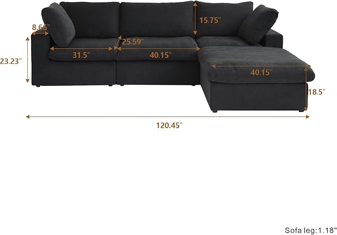 Cloud Couch Modular Sectional Sofa with Storage Ottoman,L Shaped Couch for Living Room,120.45inch Down Filled 4 Seater Black Convertible Sectional Sofas,Covers Washable&Replaceable
