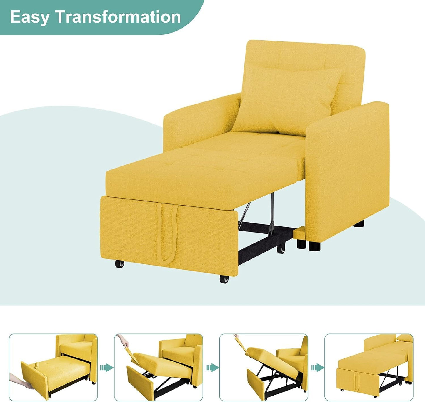 saows 3 in 1 Convertible Chair Bed, Convertible Sleeper Chair Bed, Lounger Chair, Adjustable Backrest with Pillow, Modern Sofa Bed for Living Room Apartment, Bright Yellow
