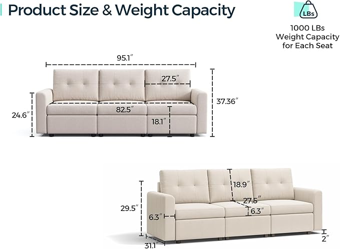 LINSY HOME Modular Sectional Sofa Oversized, Removable Cover Living Room Couches with Storage Deep Seat & Ottoman Chaise L/U Shaped Sofa Modern Couch (Beige, 3 Seats)