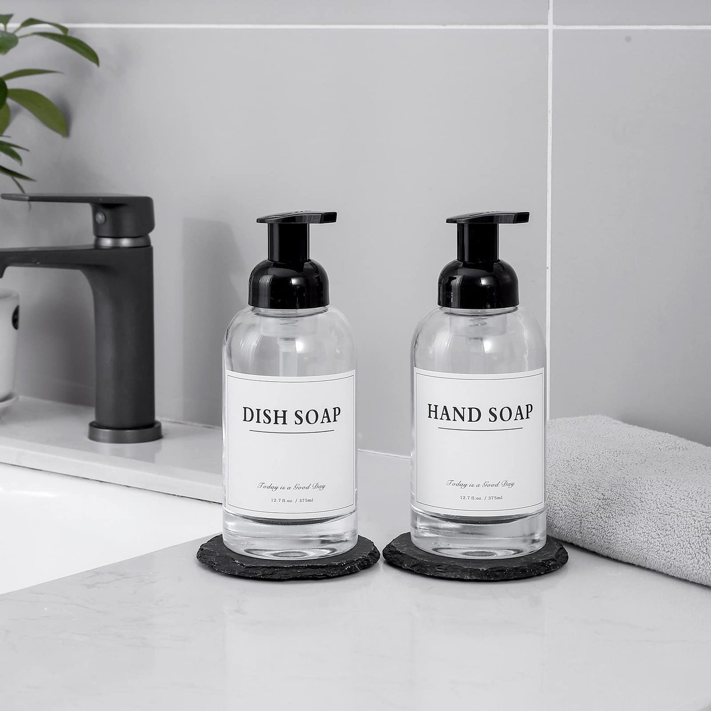 rejomiik Foaming Soap Dispenser Thick Glass Foam for Bathroom or Kitchen Sink, 12.7 oz Clear Pump Bottles for Hand soap, Body Wash, Black 2 Pack