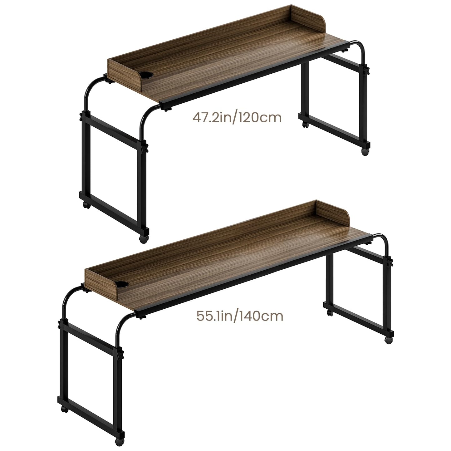 Rodiuiu Overbed Table with Wheels 40cm Height Adjustable Over Bed Desk King Queen Bed Table Laptop Table with Wheels 120 cm for Bedroom Living Room Home Office