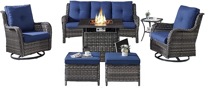 Belord Outdoor Patio Furniture Set with Propane Fire Pit Table, 7 Pieces Wicker Patio Conversation Set with 2 Swivel Glider Rocker Chairs Rattan Sofa Blue Cushion Perfect for Casual Gathering Gray