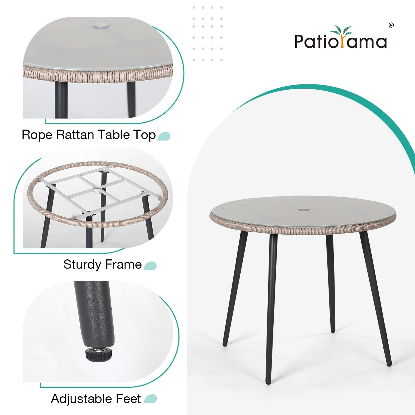 Patiorama 5-Piece Patio Dining Set, Outdoor Dining Table Chair Set, All-Weather Embossed Rattan Wicker Rope Conversation Set, Patio Furniture Set w/Umbrella Hole, 4 Cushioned Chairs&Glass Table(Beige)