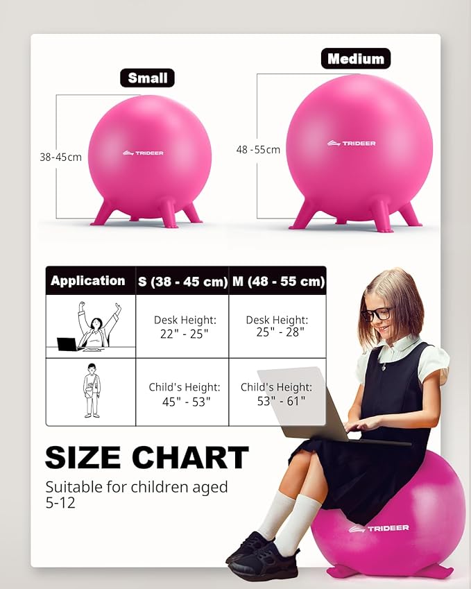 Trideer Flexible Seating for Classroom Elementary, Yoga Ball Chairs for Kids, Wobble Chair of School Supplies for Sensory Kids, Student Desk Chairs for Homeschool (Pink, 55cm)