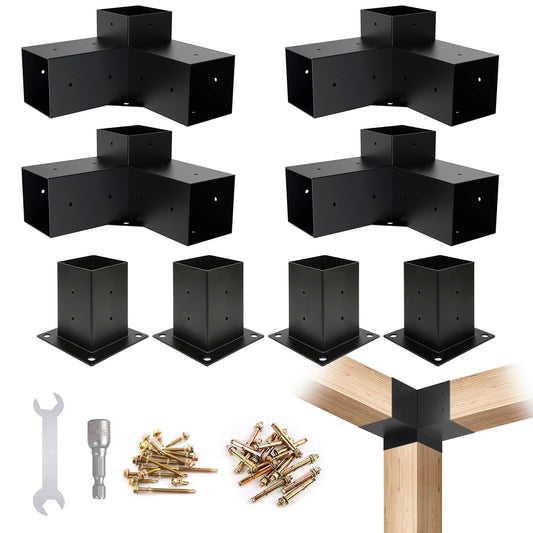 Kinchoix 4x4 Woodworks Pergola Brackets Kit, 3-Way Corner Extension, Black Powder Coated, Metal Brackets for Wood Beams, Fence, Carport (Actual: 3.5"x3.5")