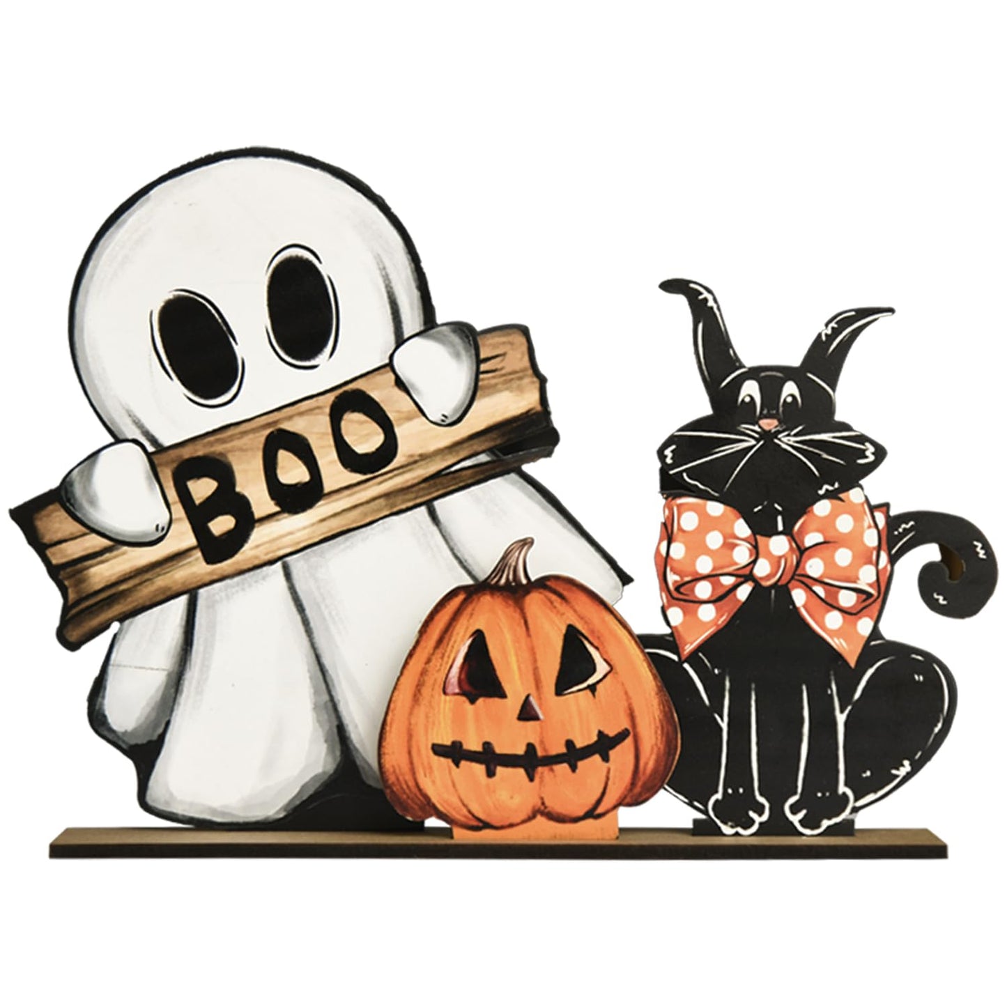 Smile Happy Halloween Wooden Table Decoration, Pumpkin Ghost Boo Black Cat Standing Centerpieces, Indoor Decor for Desk Shelf and Party