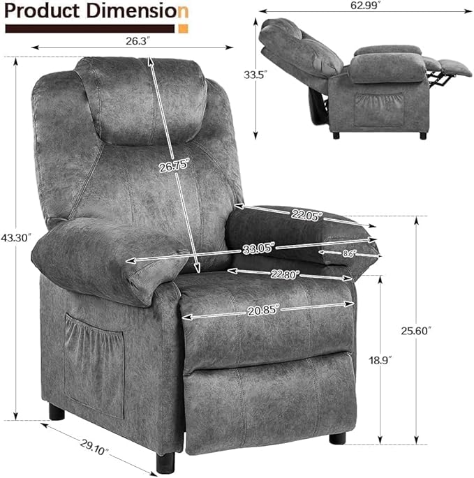 Pushback Massage Recliner Chair with Heat, Fabric Heated Small Massaging Reclining Chair Single Sofa for Adults, Overstuffed Push Back Manual Recliner for Living Room,Grey