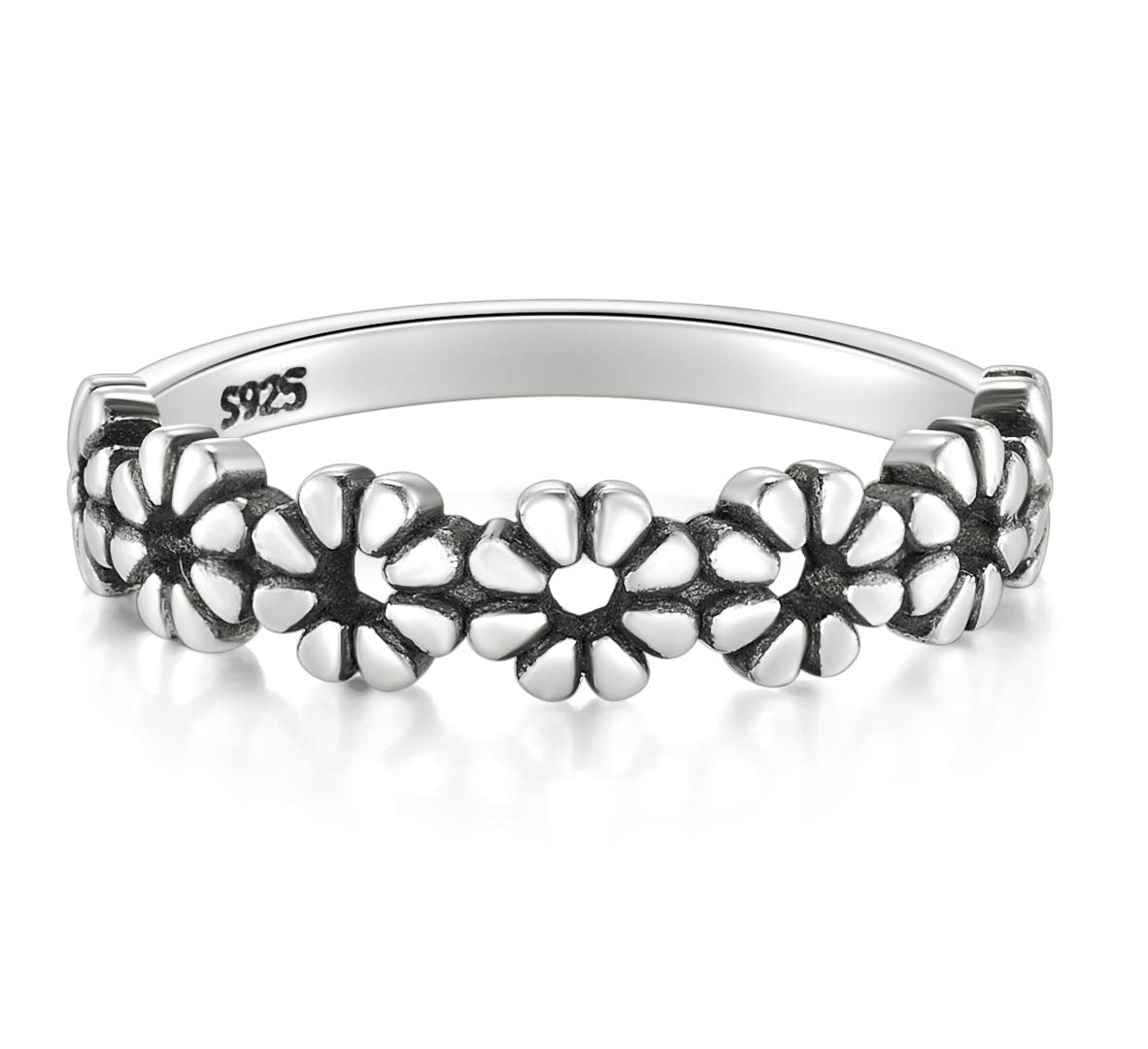 BORUO 925 Sterling Silver Ring, Daisy Flower Hawaiian High Polish Plain Dome Tarnish Resistant Comfort Fit Wedding Band Ring Siz