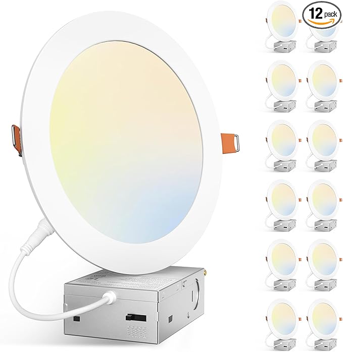 Amico 12 Pack 7 Inch 5CCT Ultra-Thin LED Canless Recessed Ceiling Light with Junction Box, 2700K/3000K/3500K/4000K/5000K S...