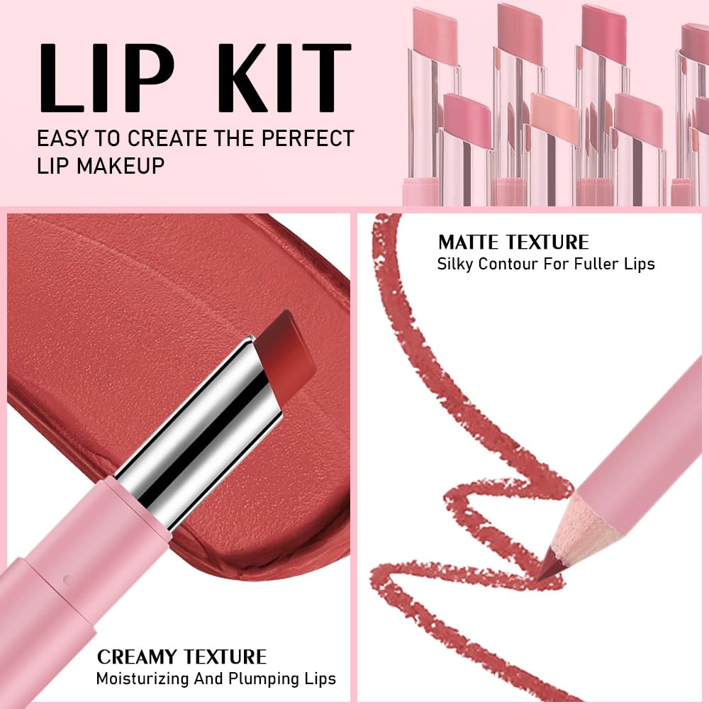 2-in-1 Brown Matte Lip Liner & Lipstick Combo Set,Lips Kit with Lip Liner Lip Stains Long Lasting Waterproof Smudge Proof for Ol